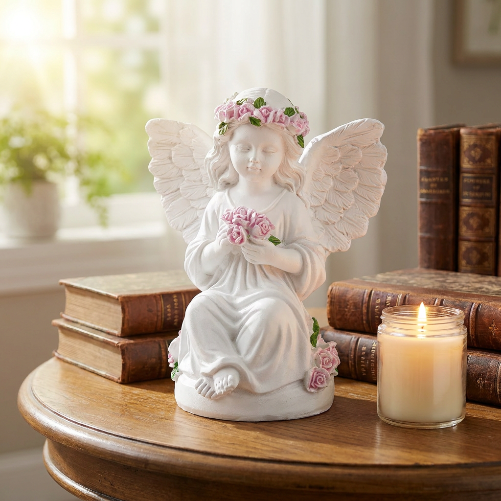 Brizoria Guardian Angel Statue Angels Figurines with Pink Roses Resin Angel Decor Memorial Sympathy Angel Gifts for Women Mom Grandma Angel Decorations for Home Statue Decor